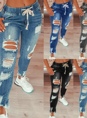 抽绳松紧腰小脚型牛仔裤Drawstring elasticated waistband jeans