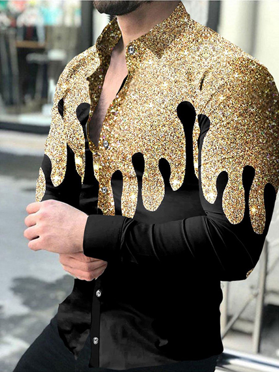 3D金色印花修身长袖衬衫