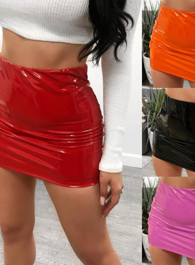 PU leather sexy buttock skirt女士纯色PU皮 性感高腰包臀半身裙