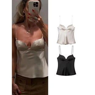 Tank 设计感胸垫丝缎吊带上衣女Silky Strap Spaghetti Top Satin