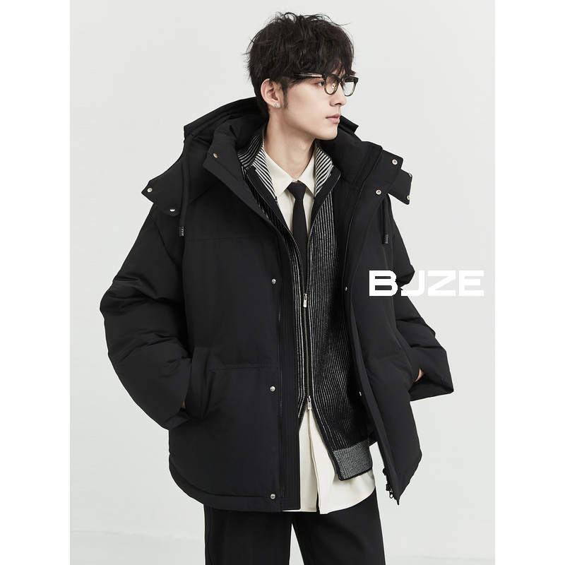 BJZE男装24冬季新品超厚实连帽羽绒服短款宽松加厚鸭绒保暖外套
