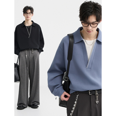 [时尚大V领假两件设计感] 伯爵卓尔男装春季长袖卫衣宽松休闲体恤