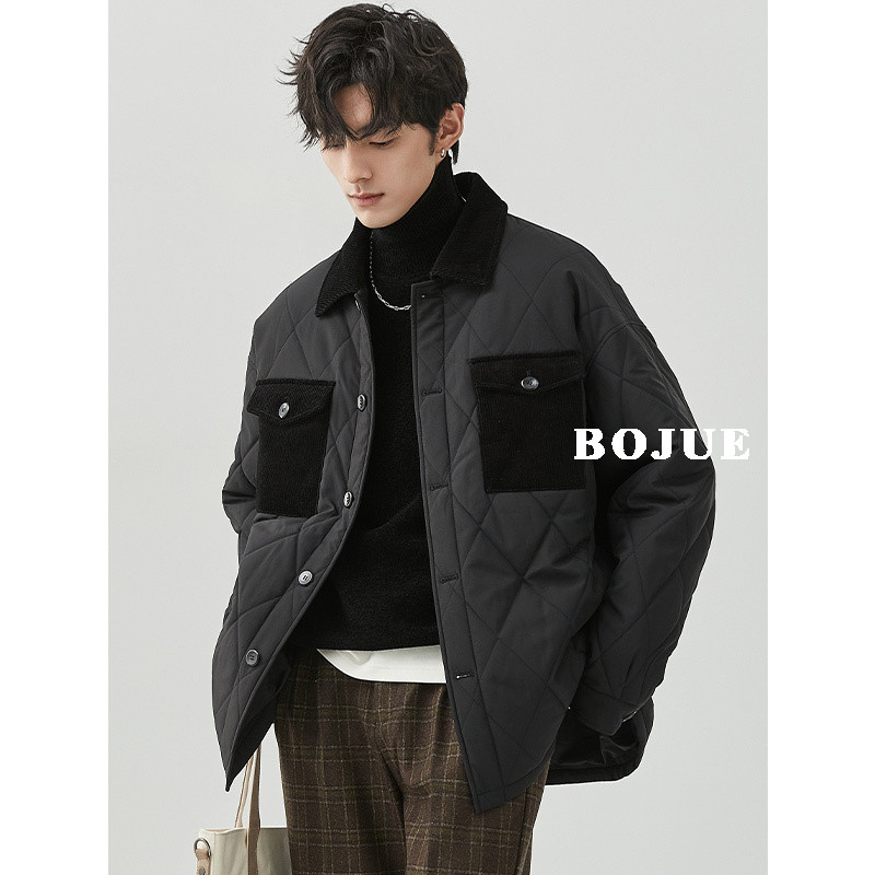 菱形格绗缝衬衫领棉衣男加厚2022秋冬季韩版保暖宽松撞色拼接外套