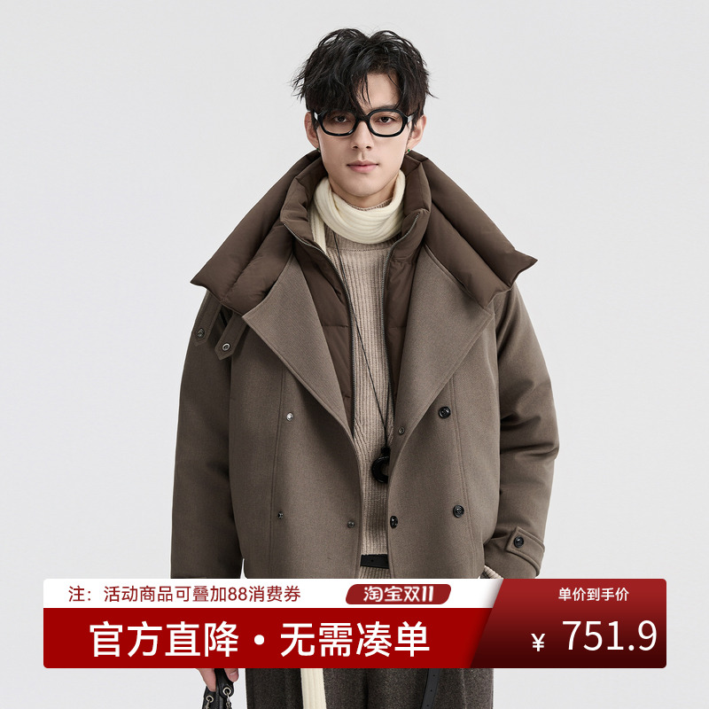 {假两件拼接设计}伯爵卓尔25深冬短款保暖羽绒服男士英伦复古外套