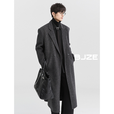 BJZE男装24冬季超长款骆驼绒羊毛混纺羽绒内胆双面呢大衣宽松外套