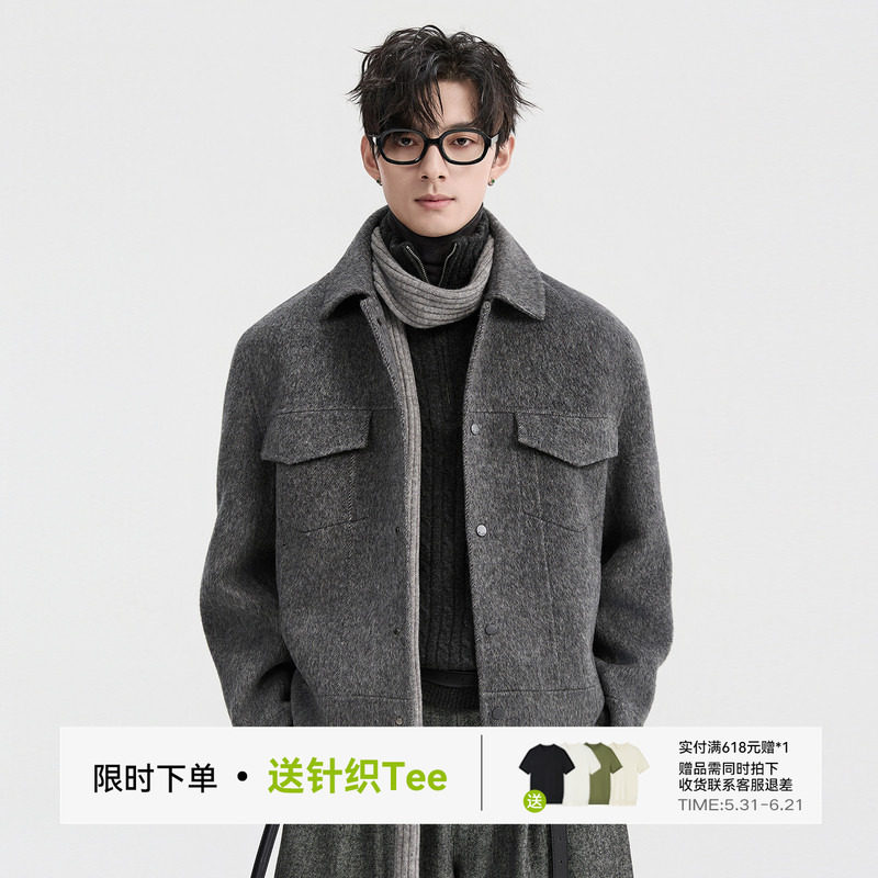 {骆驼绒高级设计感}伯爵卓尔25秋冬双面羊毛呢夹克男短款保暖大衣