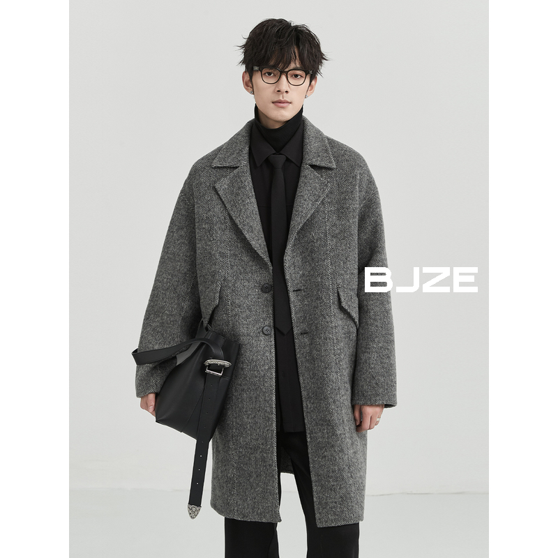 BJZE男装冬季高级感定织斜纹羊驼绒双面羊毛呢大衣中长款加厚外套
