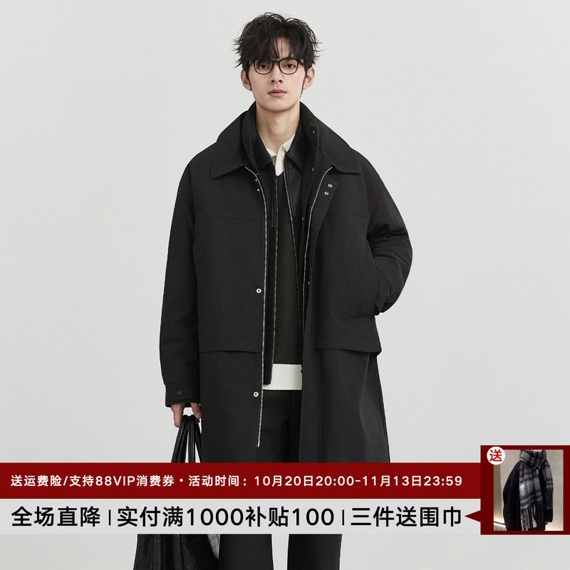 伯爵卓尔26冬季设计感假两件立领羽绒服男中长款韩版宽松保暖外套