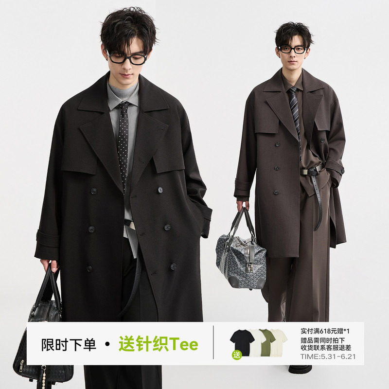 {高级抗皱面料}BJZE25秋季双排扣中长款德式风衣外套男自发热上衣
