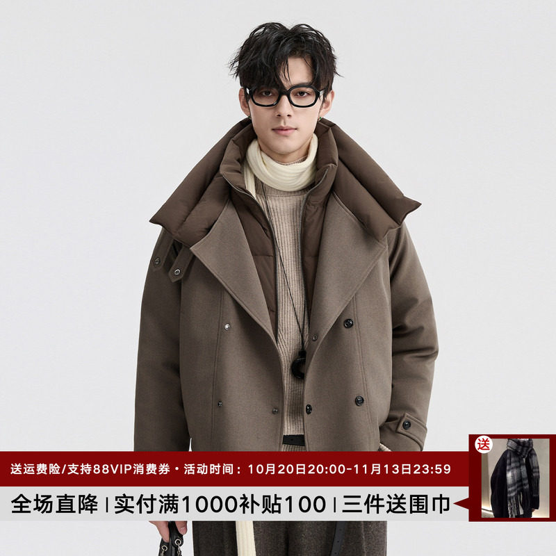 {假两件拼接设计}伯爵卓尔25深冬短款保暖羽绒服男士英伦复古外套