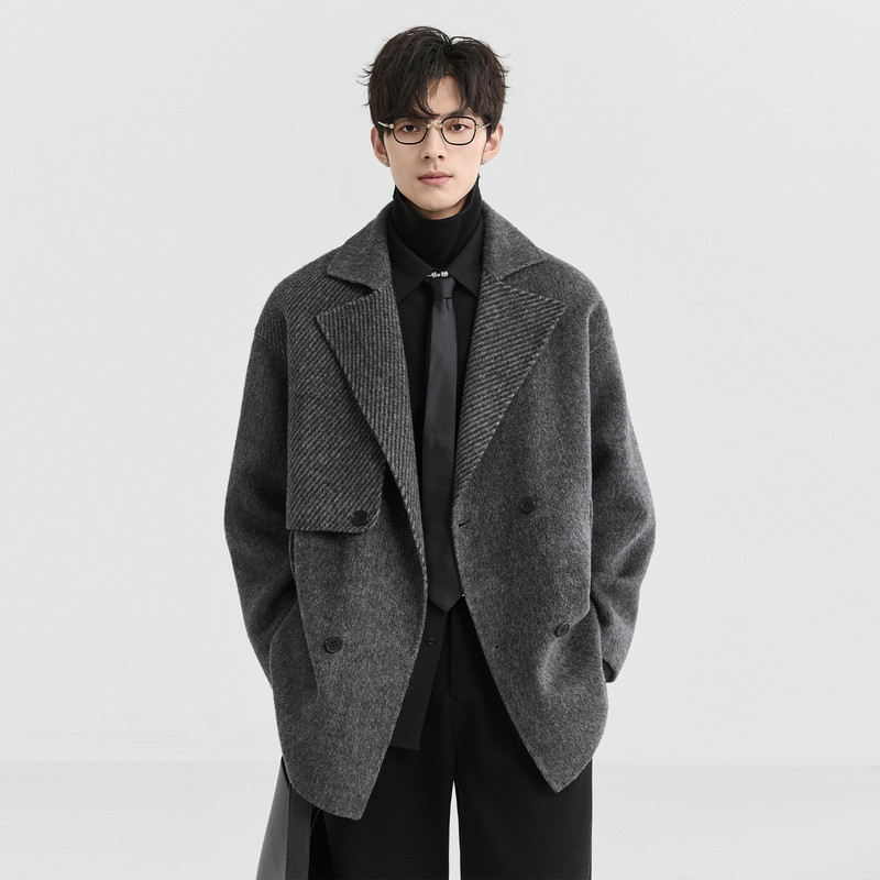 BJZE男装冬季高级设计感定织斜纹双面羊毛呢短大衣一手长加厚外套,男装,毛呢大衣,淘宝优惠券,粉丝福利购,淘宝优惠卷