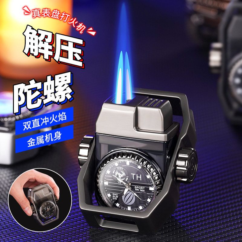 新款手表解压陀螺充气防风打火机双直冲真表盘创意礼品点烟器