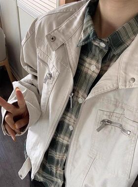 vintgae拉链牛仔外套男春秋款美式复古工装上衣高级感哈灵顿夹克