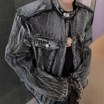 cleanfi垫肩短款牛仔外套男2025春秋季新款痞帅做旧宽松休闲夹克