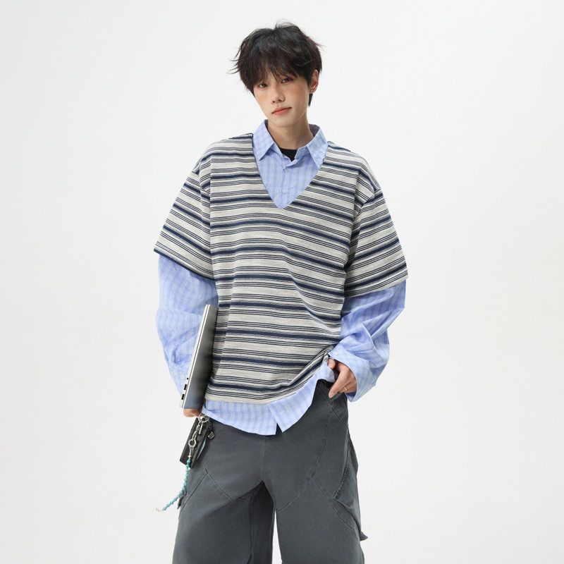 美式假两件拼接条纹长袖衬衫男款痞帅高级感学院风衬衣POLO衫外套