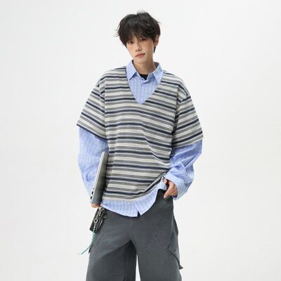 美式假两件拼接条纹长袖衬衫男款痞帅高级感学院风衬衣POLO衫外套