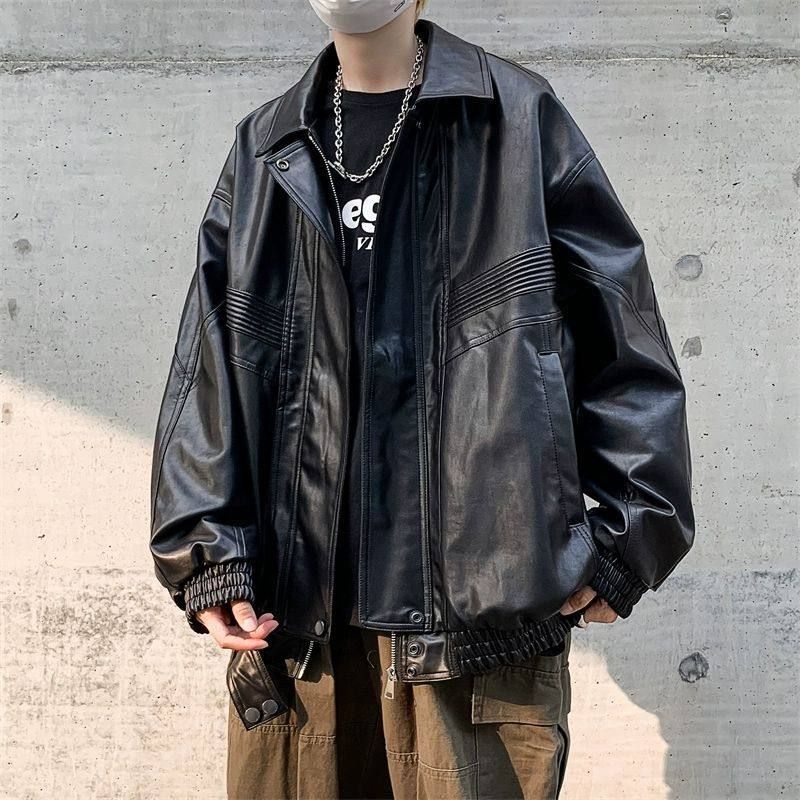 痞帅机车PU皮衣夹克男宽松休闲美式复古派克服重工设计感外套男生