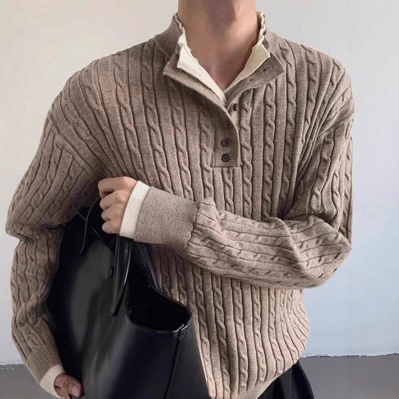燕麦色粗麻花假两件领针织上衣男生老钱风慵懒风高级休闲长袖毛衣