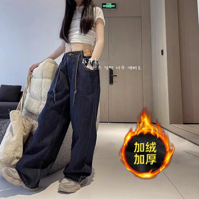 女童牛仔长裤儿童加绒阔腿裤