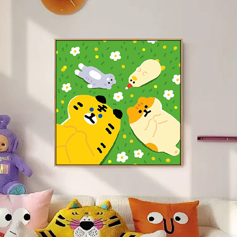 儿童节卡通数字油画diy手工填色丙烯画多巴胺风格亲子活动装饰画