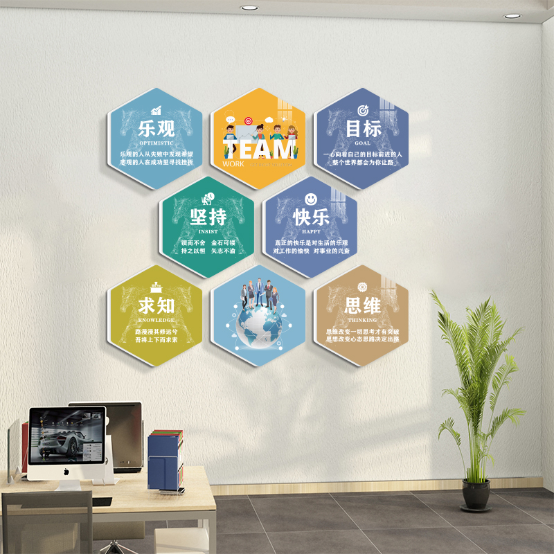 六边形办公室墙面装饰挂画标语公司会议室企业文化背景墙布置贴纸