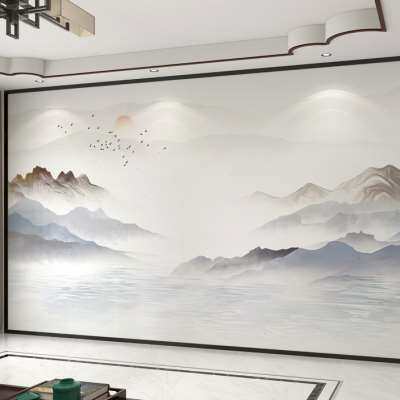 定制墙纸新中式电视背景墙壁纸唯美山水壁布客厅装饰影视墙布壁画