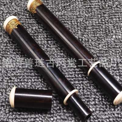 新品黑檀木镶嵌仿牙拔口带香插雕刻海水纹鎏金短款香筒香管