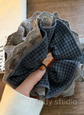 韩系复古灰色格子蝴蝶结蕾丝大肠发圈女超大丸子头低马头绳头饰