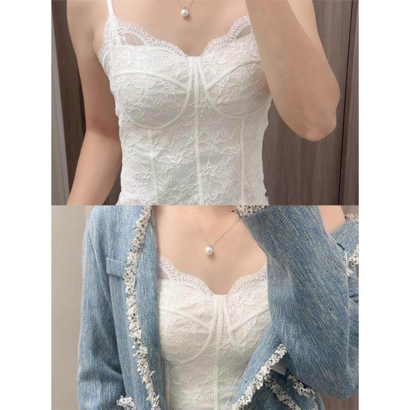 绝美纯欲法式蕾丝带胸垫吊带背心女性感修身显瘦内搭打底上衣外穿