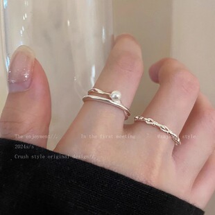 珍珠戒指女轻奢高级感韩系食指戒小众设计叠戴粗胖手大号装饰指环