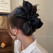 法式 超大号黑色缎面蝴蝶结抓夹高级感发夹女后脑勺优雅鲨鱼夹ins
