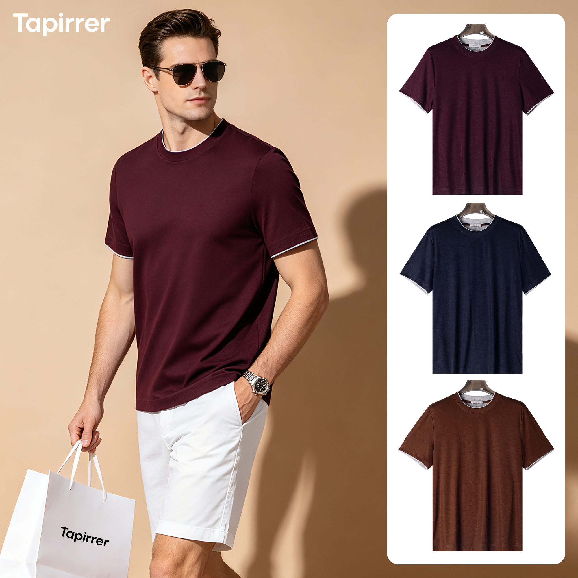 Tapirrer莫代尔混纺T恤 男士撞色假两件老钱风商务休闲短袖上衣