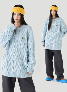 MPUX立体麻花提花毛衣慵懒风冬季保暖潮牌情侣圆领套头针织衫男女