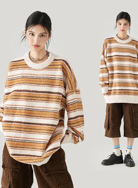 MPUX条纹撞色软糯慵懒风宽松圆领毛衣冬季保暖套头打底针织衫男女