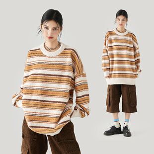 MPUX条纹撞色软糯慵懒风宽松圆领毛衣冬季保暖套头打底针织衫男女