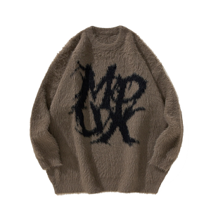 MPUX联名美拉德色系仿水貂毛字母提花毛衣女新款圆领加厚套头上衣