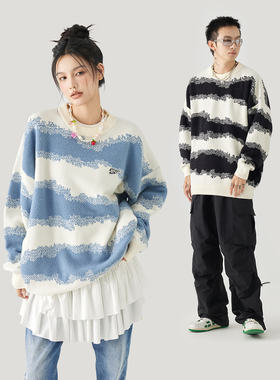 GOLFCROSSX MPUX联名条纹撞色拼接圆领套头毛衣冬季保暖针织衫男