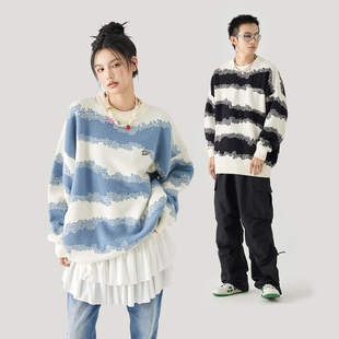 GOLFCROSSX MPUX联名条纹撞色拼接圆领套头毛衣冬季保暖针织衫男