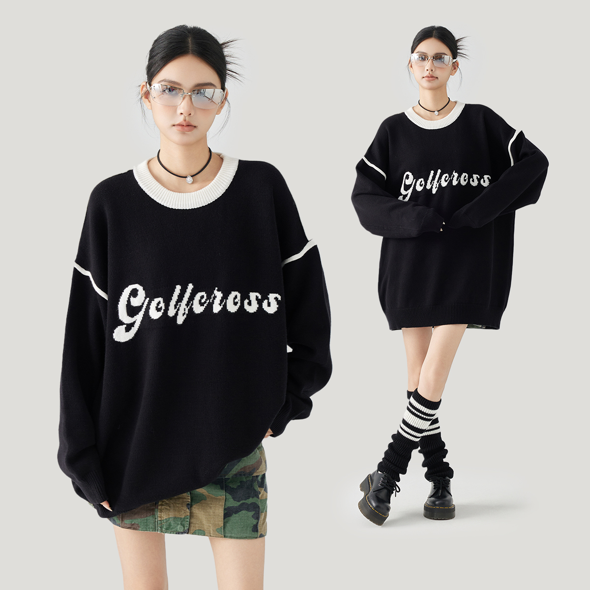 GOLFCROSS提花圆领套头毛衣男女同款冬季保暖打底针织衫潮牌上衣