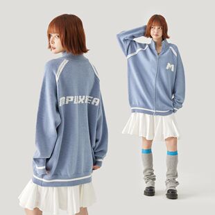 MPUX甜酷撞色字母提花软糯慵懒风宽松插肩袖长袖毛衣开衫针织衫情