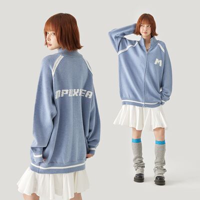 MPUX甜酷撞色字母提花软糯慵懒风宽松插肩袖长袖毛衣开衫针织衫情