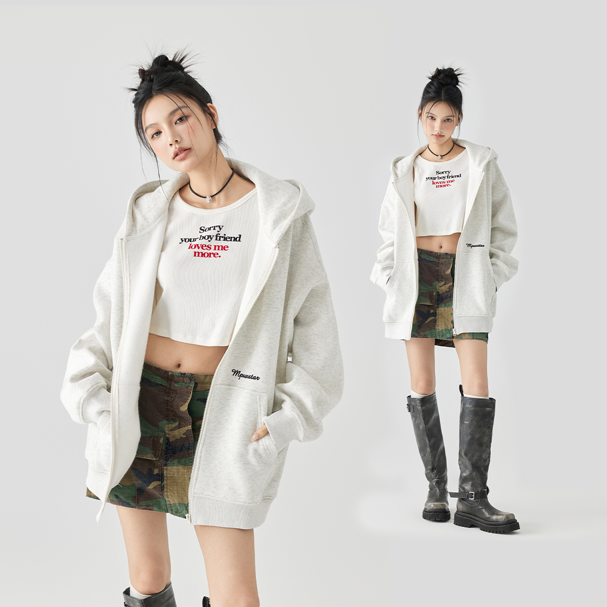 MPUX联名卡通人物印花拉链连帽卫衣情侣logo字母刺绣开衫外套上衣