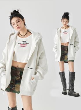 MPUX联名卡通人物印花拉链连帽卫衣情侣logo字母刺绣开衫外套上衣