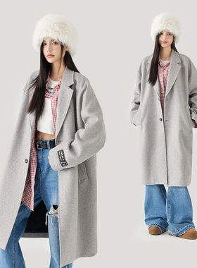 MPUX冬季新品单排扣中长款纯色风衣保暖防寒毛呢大衣外套宽松休闲