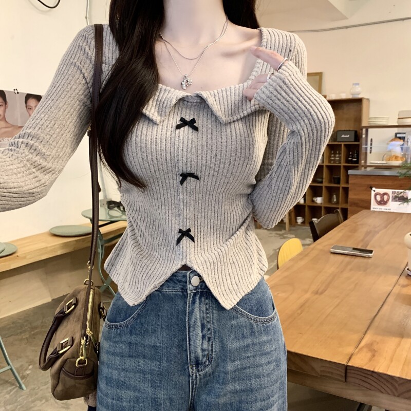 美式复古辣妹蝴蝶结方领长袖t恤女2024秋季短款收腰显瘦打底上衣