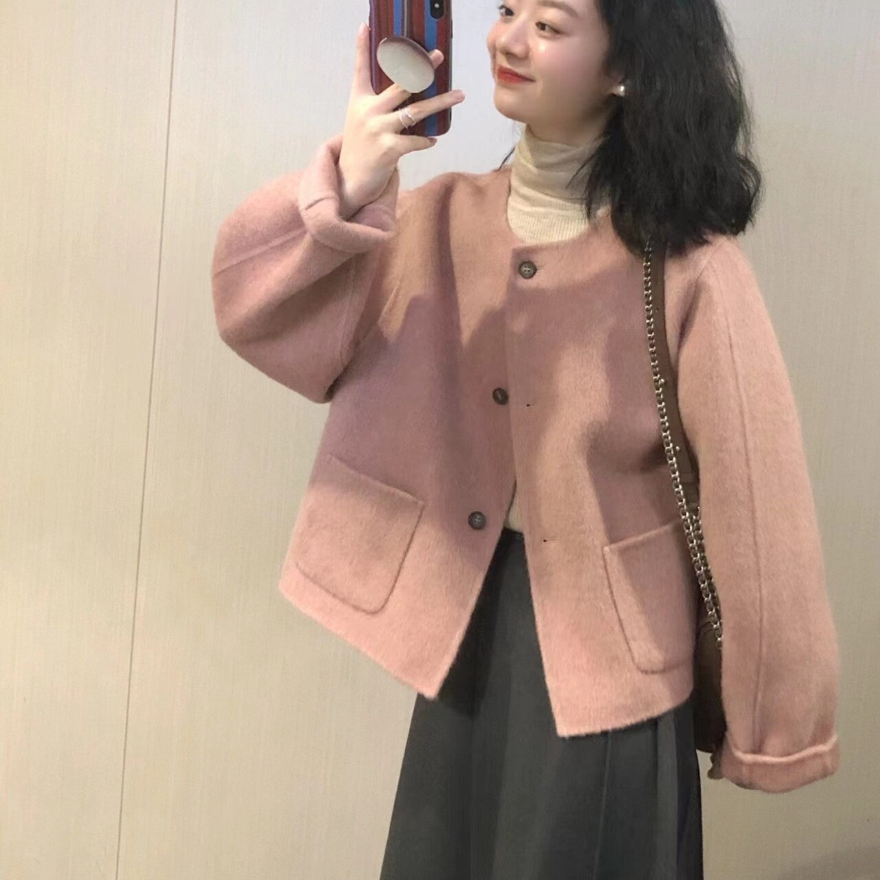 秋装搭配一整套高级感韩系粉色毛呢外套温柔盐系轻熟两件套装裙