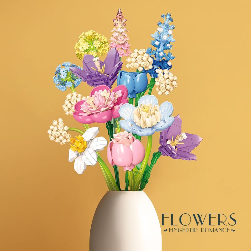 雾都恋人玫瑰花束盆栽拼装积木