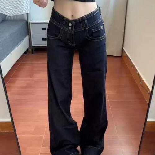 低腰双腰扣微喇不贴腿显瘦牛仔裤