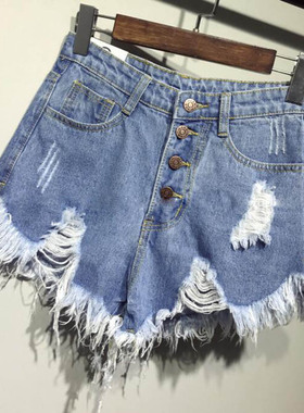 High-rise ripped frayed denim shortss女高腰破洞毛边牛仔短裤
