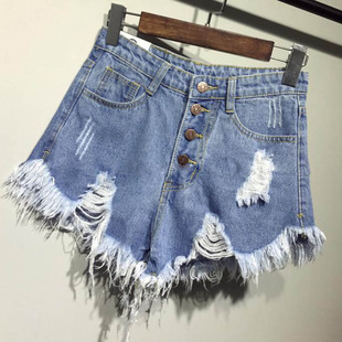 rise shortss女高腰破洞毛边牛仔短裤 ripped denim frayed High